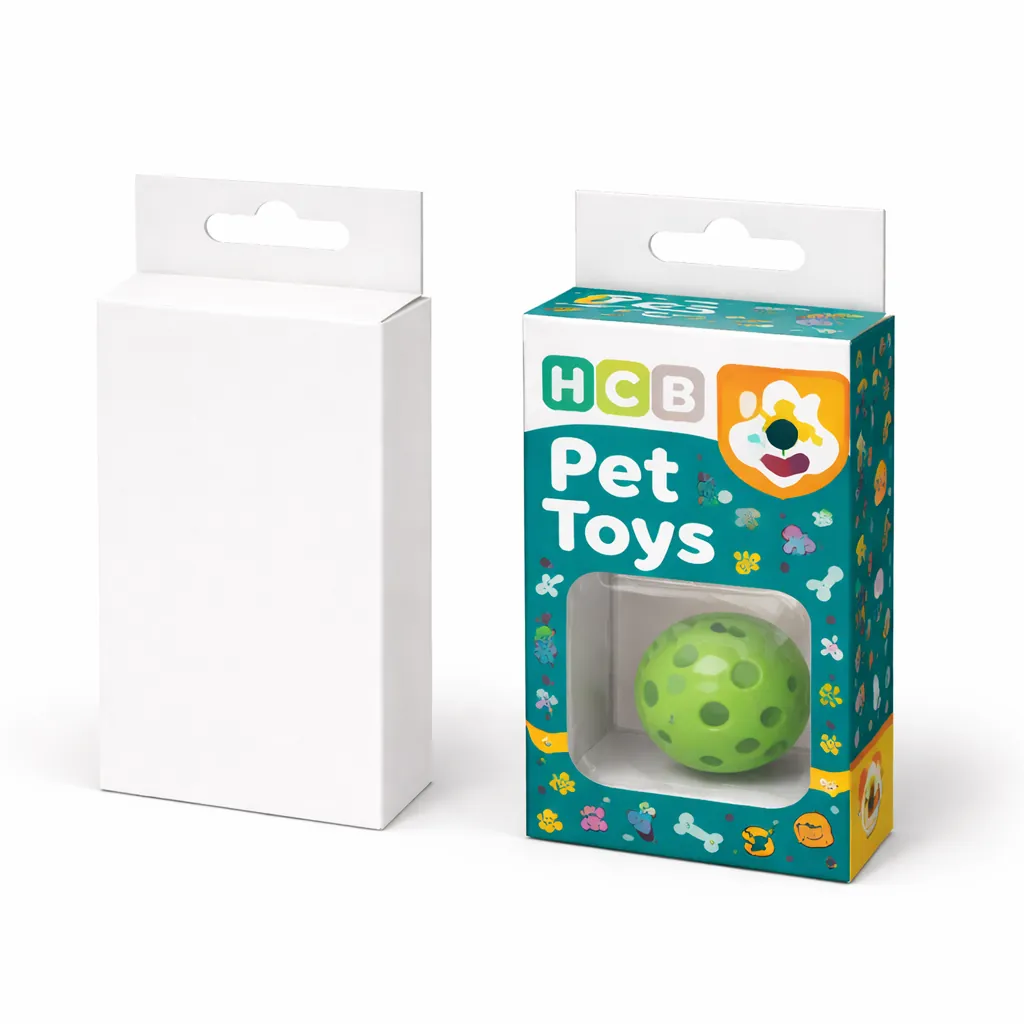 Two open vertical cardboard boxes, one blank white and one featuring vibrant pet-themed graphics and HCB logo. class=